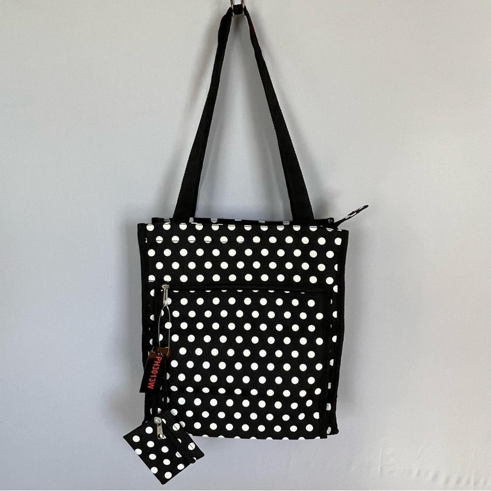 Polka Dots Print 12-inch Tote Bag in black and white.